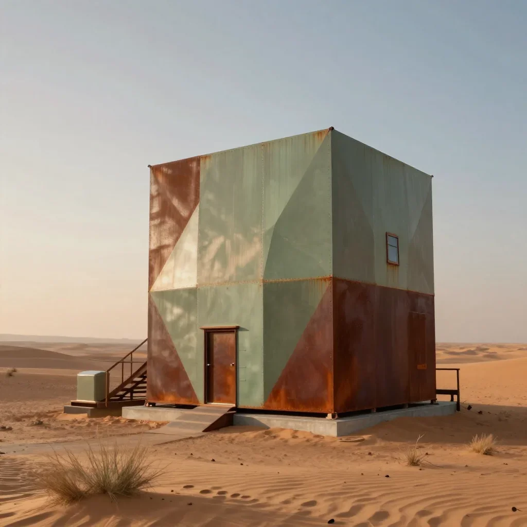 a desert research station in quiet late-afternoon haze, high-end design magazine photography, careful geometric composit