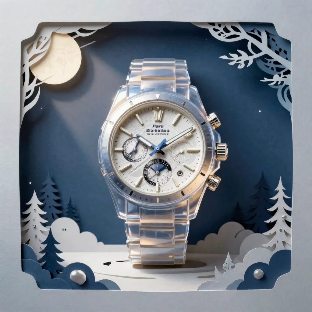 a translucent mechanical watch at first light, intricate paper-cut illustration, calm negative space, indigo and pearl p