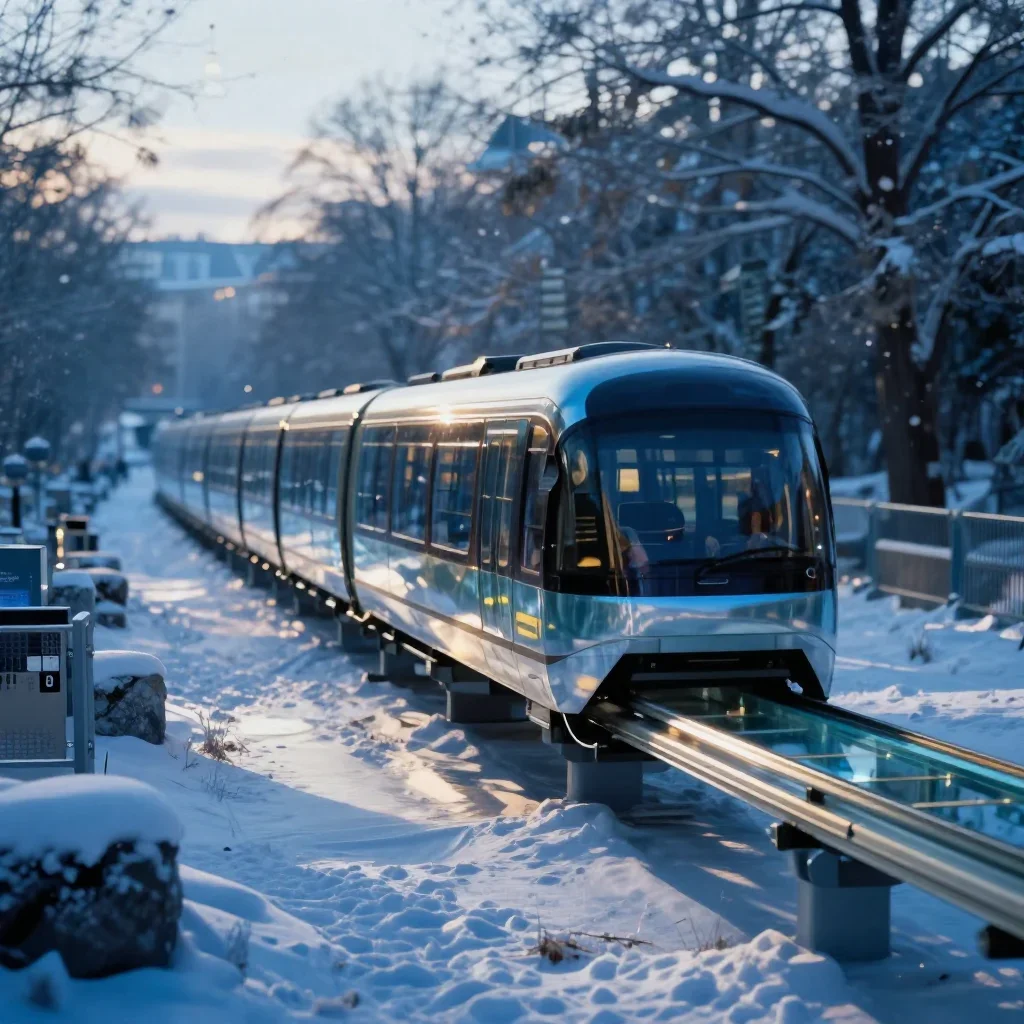 a glass monorail in crisp winter sunlight, museum-quality still-life photography, atmospheric depth, cobalt and amber pa
