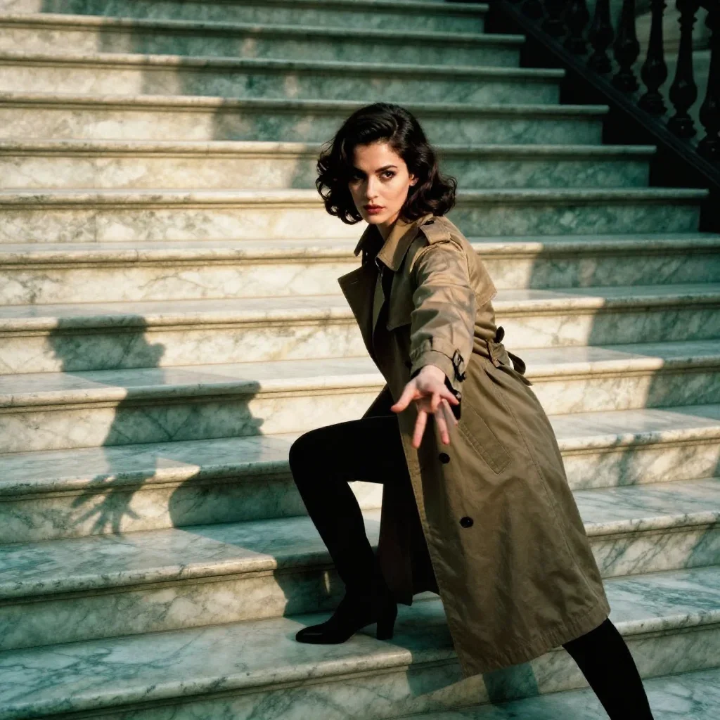 a noir detective's femme fatal muse in a trench coat in a gentle reach toward the lens, on a marble staircase at dawn, b