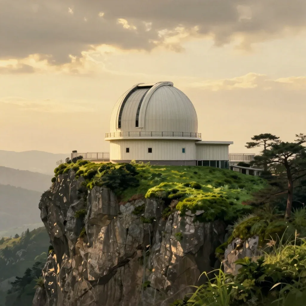 a cliffside observatory during golden hour, Japanese woodblock-inspired editorial art, gentle reflected light, moss gree