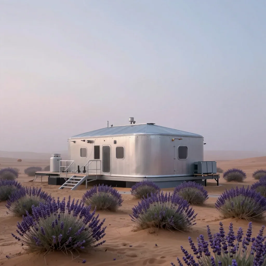 a desert research station under soft dawn fog, refined editorial travel photography, crisp material detail, lavender and