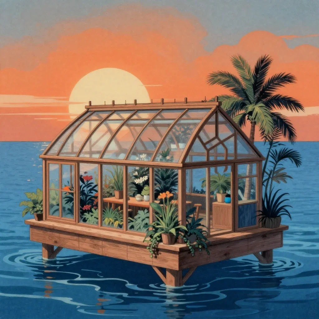a floating botanical conservatory in a gentle sea breeze, Japanese woodblock-inspired editorial art, soft volumetric lig
