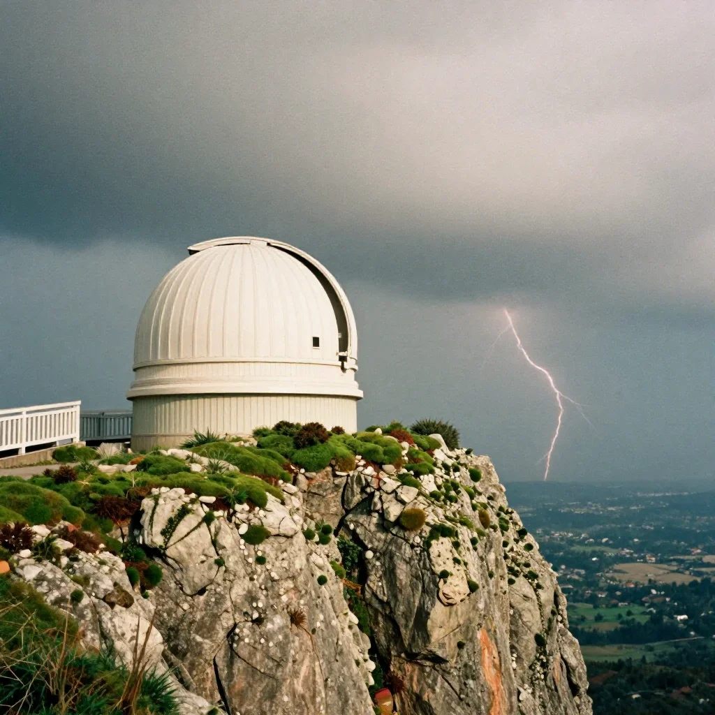 a cliffside observatory after a distant thunderstorm, soft-grain analog film photography, atmospheric depth, moss green 