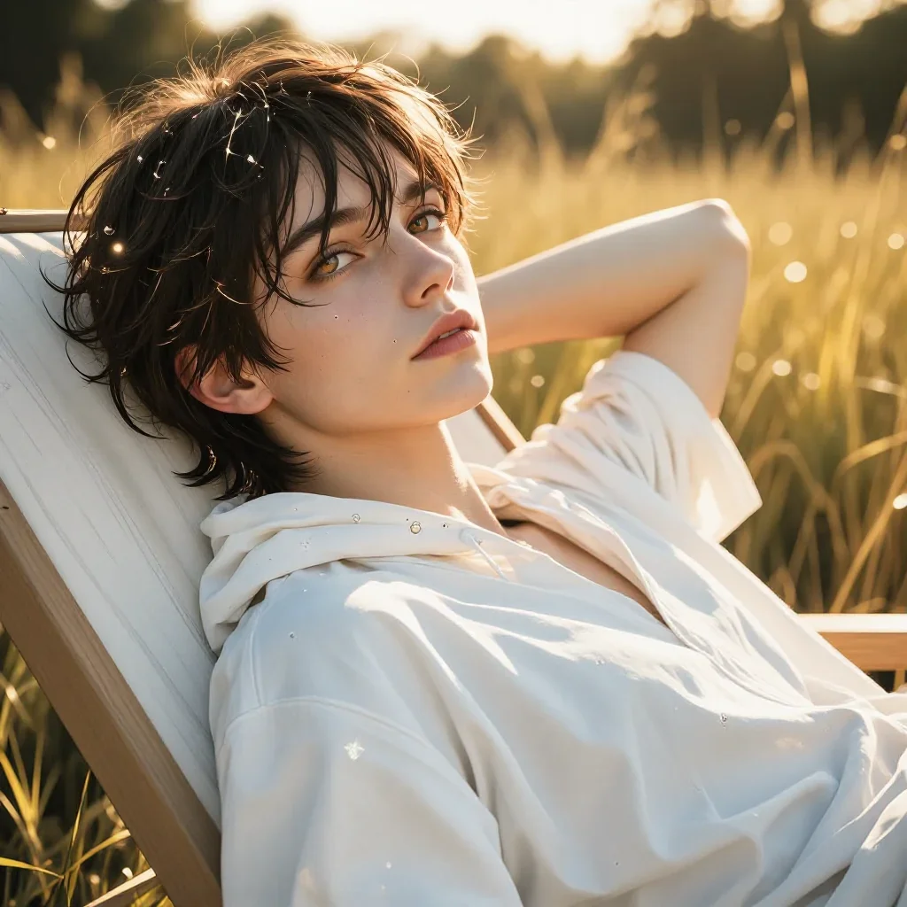 a streetwear influencer with wet-look hair reclining elegantly on a chaise, in a backlit golden-hour field, mythology-in