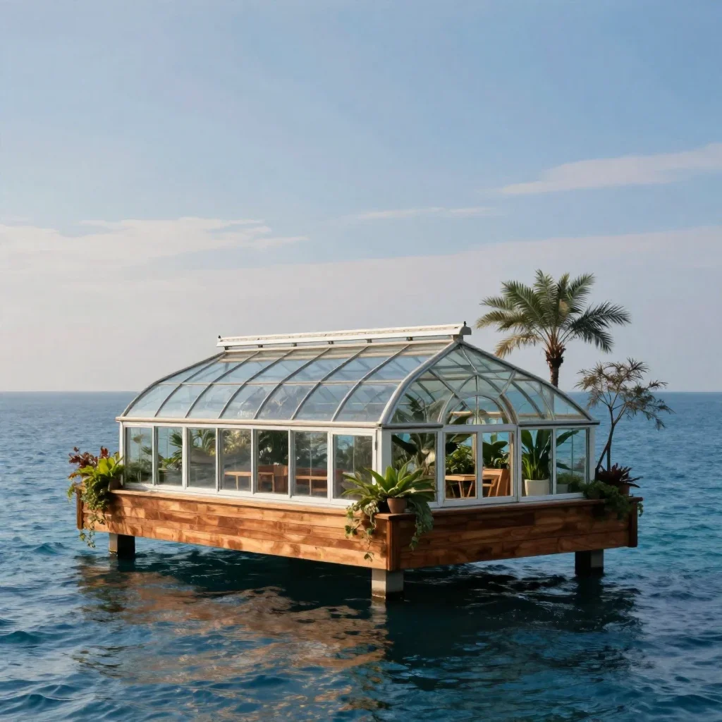 a floating botanical conservatory in a gentle sea breeze, refined editorial travel photography, calm negative space, ice