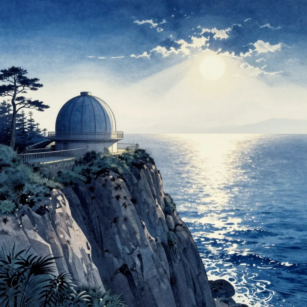 a cliffside observatory in a gentle sea breeze, Japanese woodblock-inspired editorial art, gentle reflected light, indig