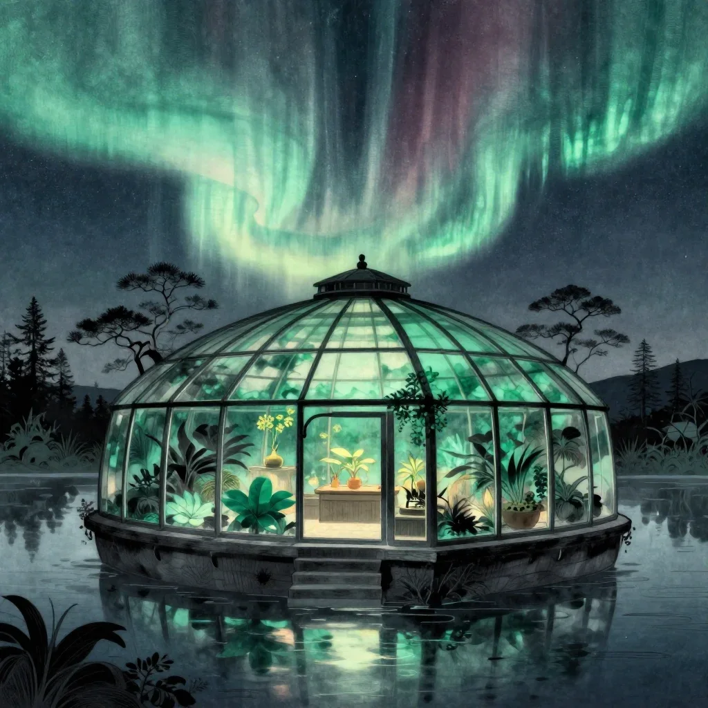 a floating botanical conservatory beneath an aurora, Japanese woodblock-inspired editorial art, gentle reflected light, 