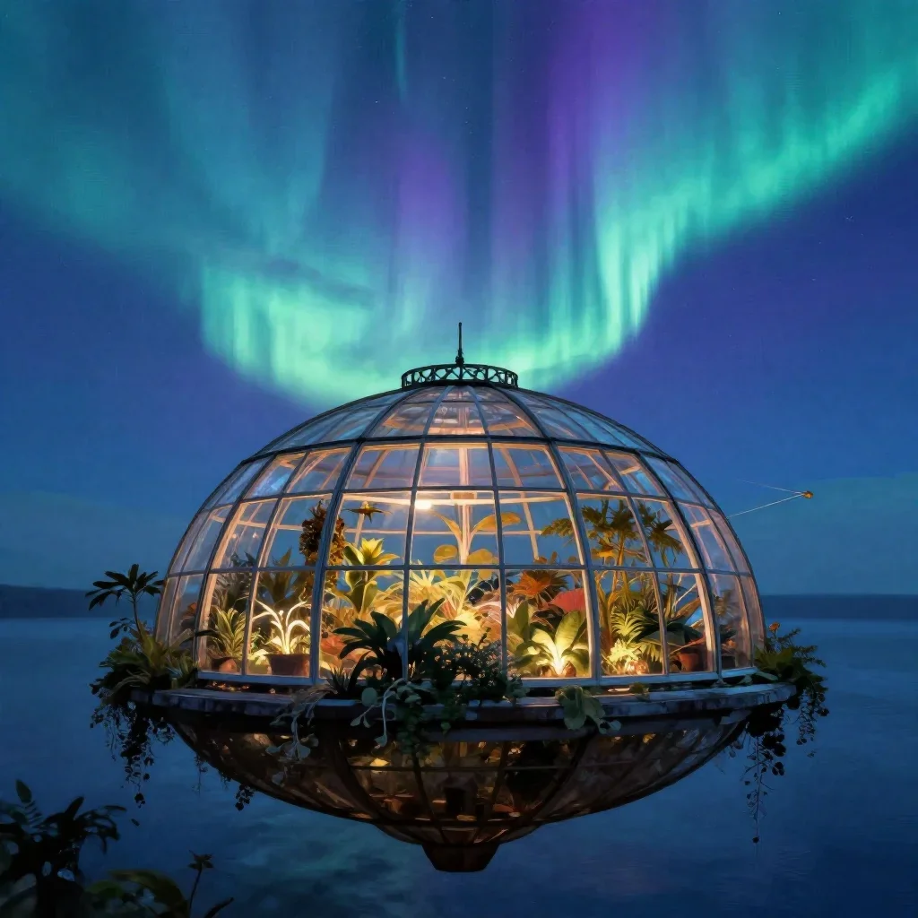 a floating botanical conservatory beneath an aurora, dreamlike fine-art landscape photography, clean natural textures, c