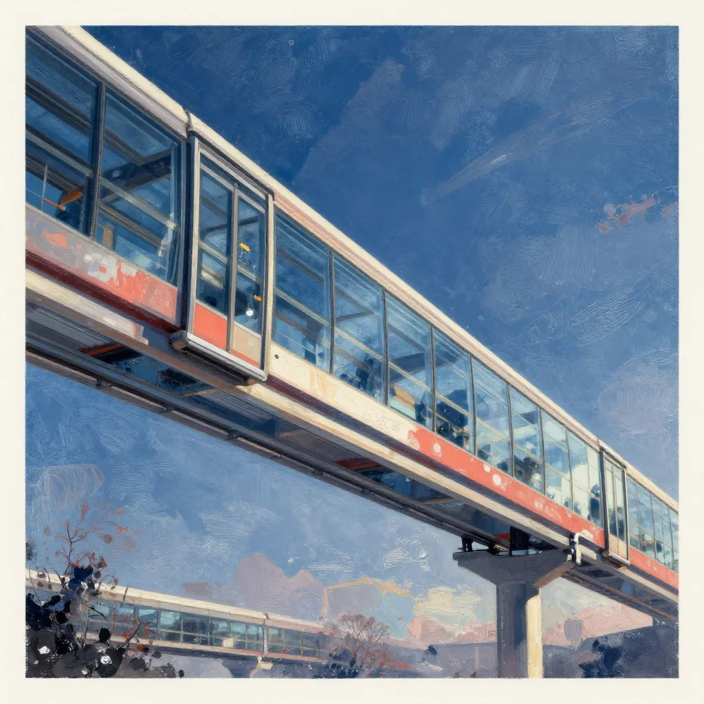 a glass monorail in crisp winter sunlight, modernist poster illustration, weathered tactile surfaces, coral and midnight