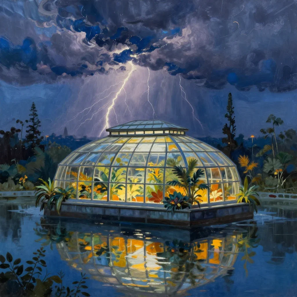 a floating botanical conservatory after a distant thunderstorm, luminous gouache painting, gentle reflected light, cobal