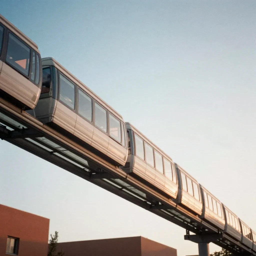 a glass monorail in crisp winter sunlight, soft-grain analog film photography, atmospheric depth, terracotta and pale sk