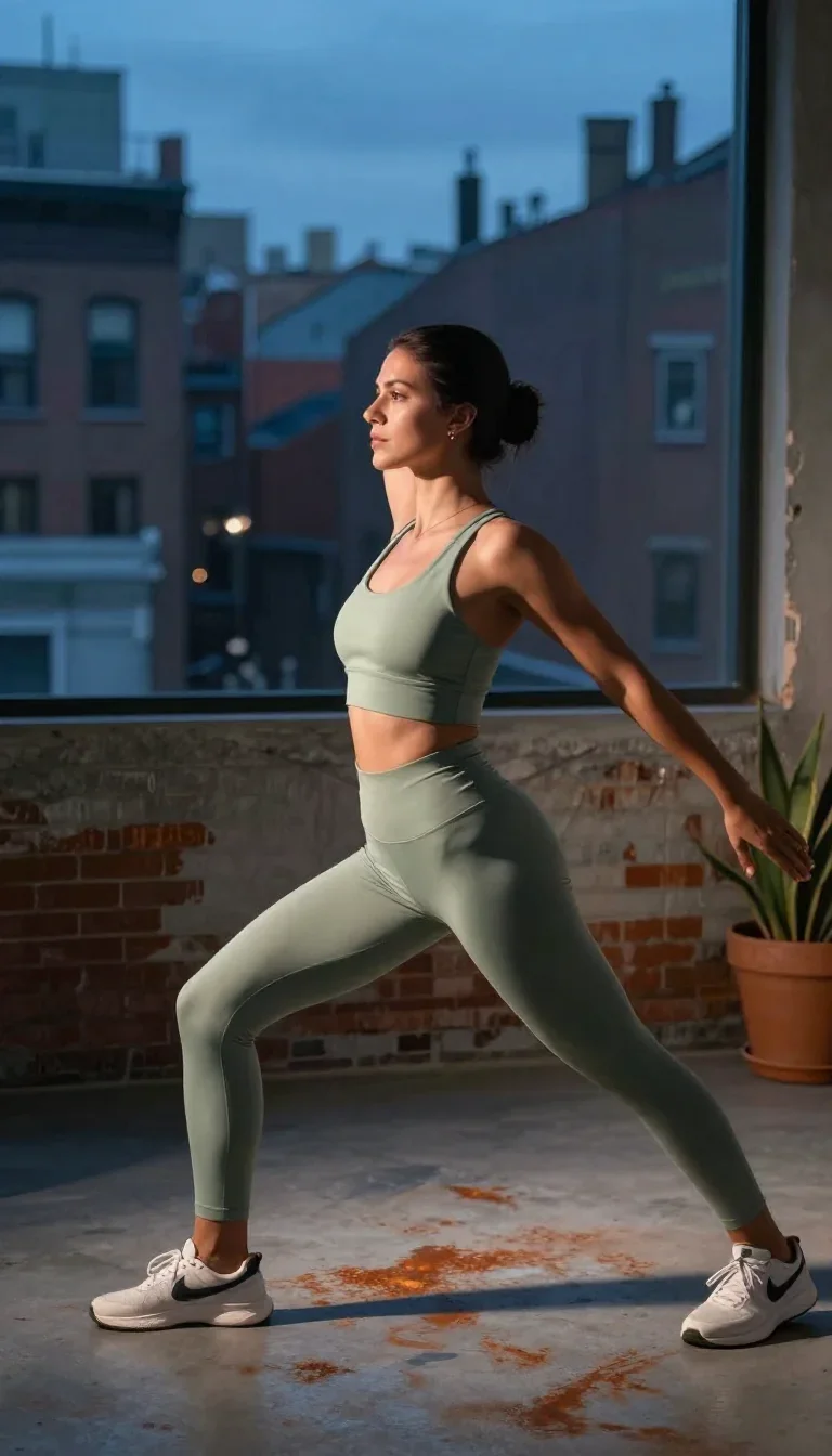a fitness creator stretching in a sunlit loft in a confident cinematic stride, in a blue-hour city apartment, moody Fuji