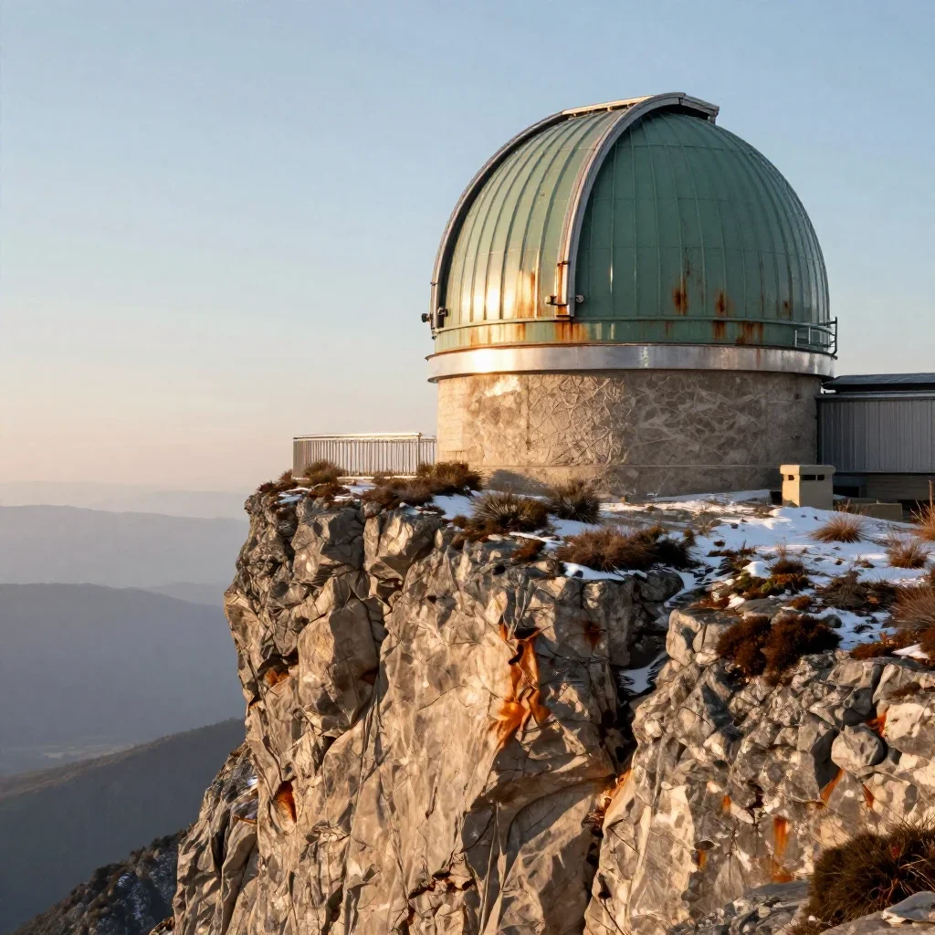 a cliffside observatory in crisp winter sunlight, dreamlike fine-art landscape photography, gentle reflected light, rust