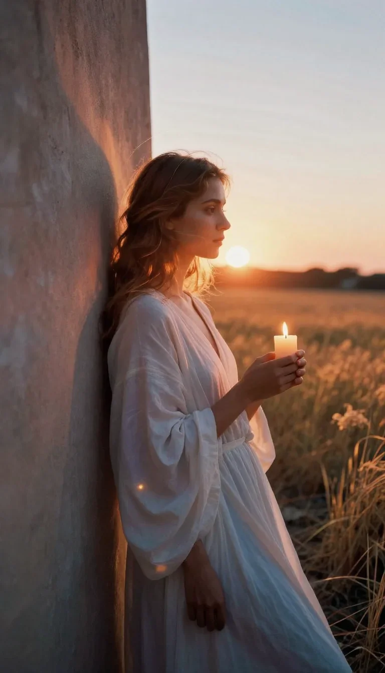 a celestial priestess with haloed candlelight in a wind-swept lean against a wall, in a backlit golden-hour field, soft-