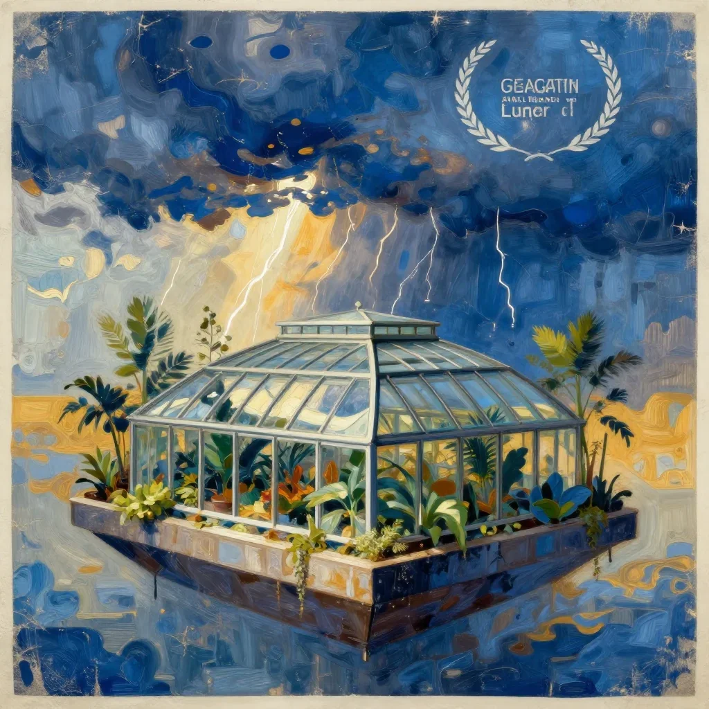 a floating botanical conservatory after a distant thunderstorm, modernist poster illustration, weathered tactile surface