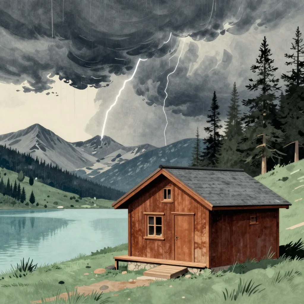 a cedar cabin beside an alpine lake after a distant thunderstorm, Japanese woodblock-inspired editorial art, clean natur