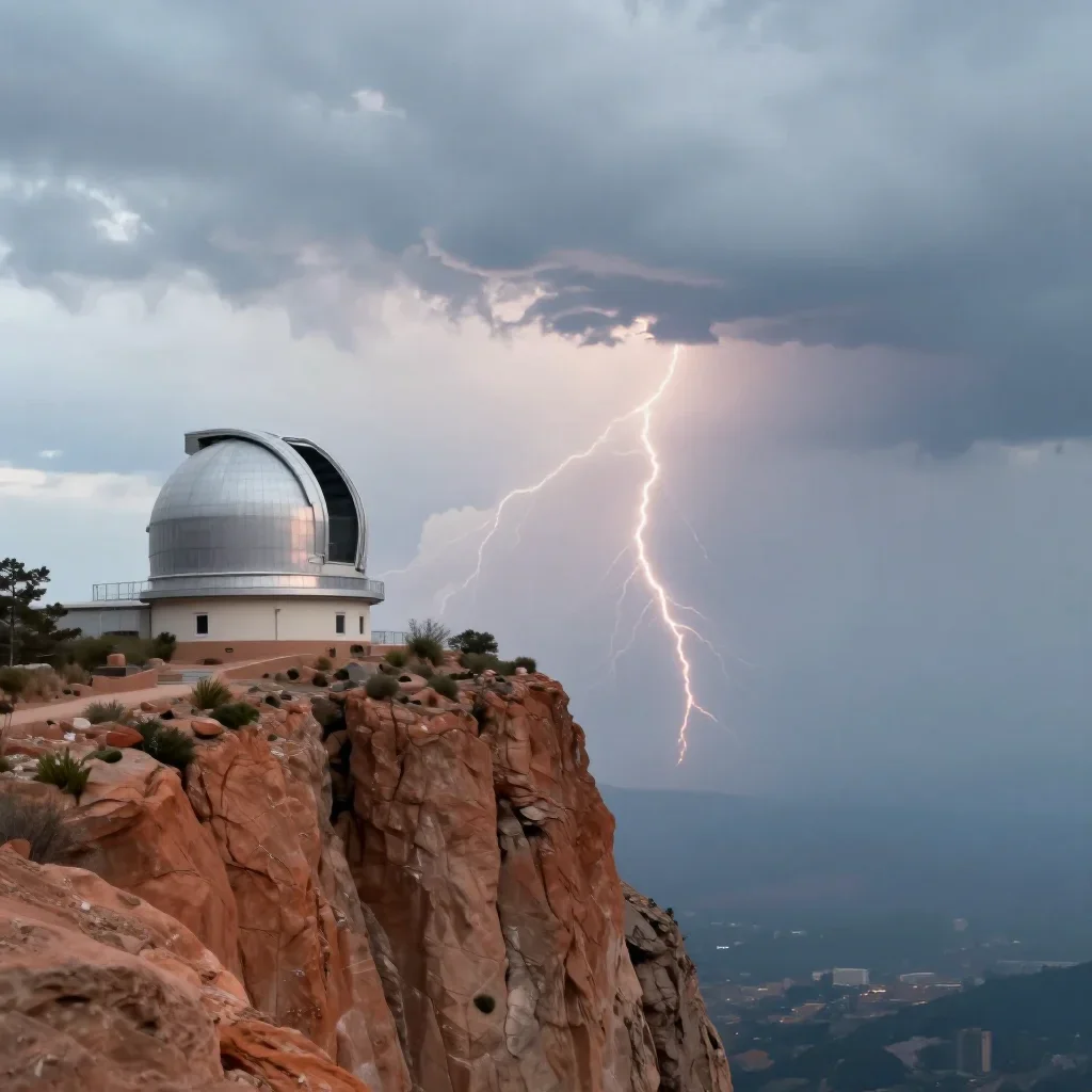 a cliffside observatory after a distant thunderstorm, quiet science-fiction concept art, gentle reflected light, terraco