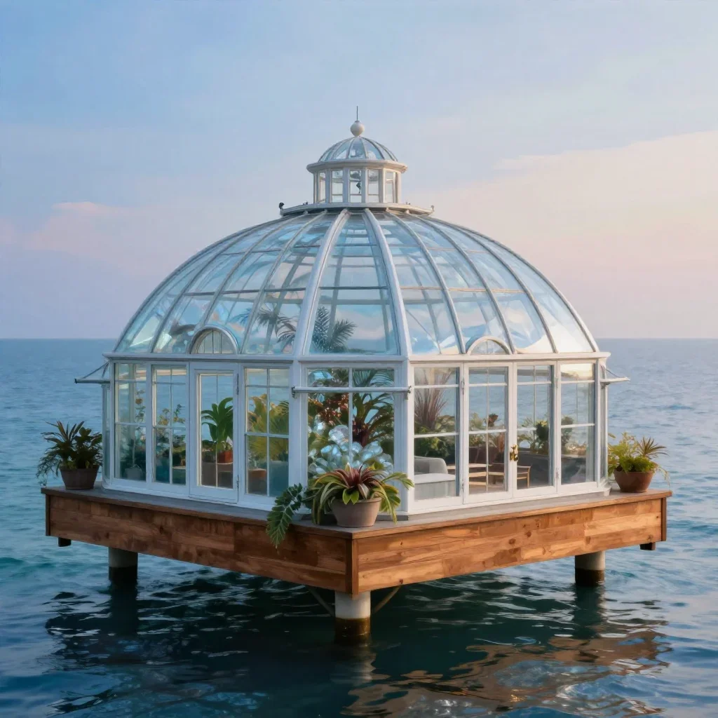 a floating botanical conservatory in a gentle sea breeze, dreamlike fine-art landscape photography, soft volumetric ligh
