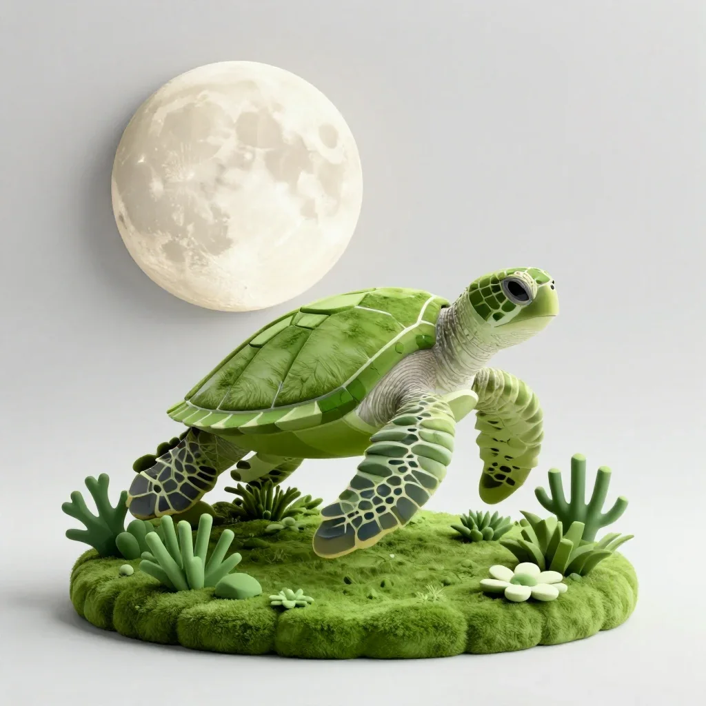 a sea turtle over a coral garden at moonrise, minimal geometric 3D art, careful geometric composition, moss green and cr