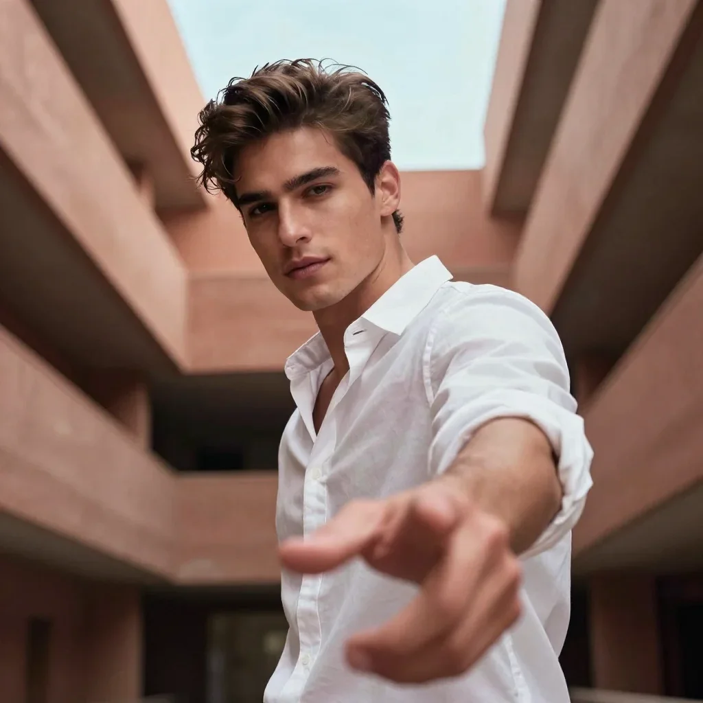 a handsome man in a rolled-sleeve white shirt in a gentle reach toward the lens, in a brutalist concrete atrium, editori