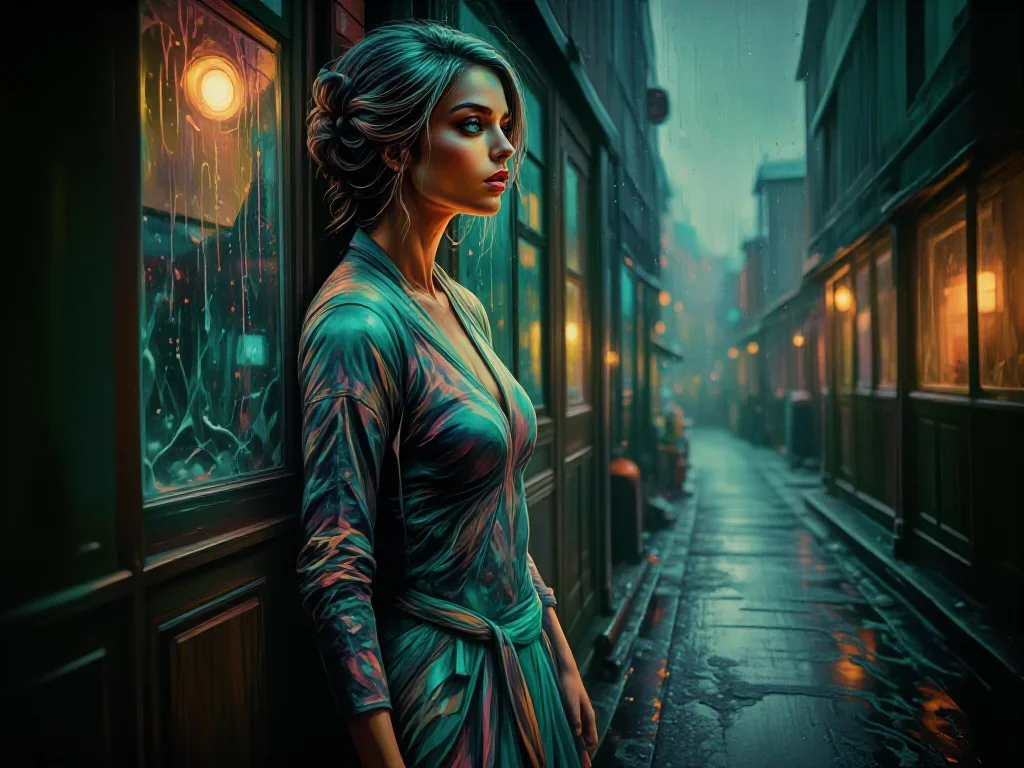 a lover leaning against rain-streaked glass in an alluring over-the-shoulder glance, in a rain-slick neon alley, futuris