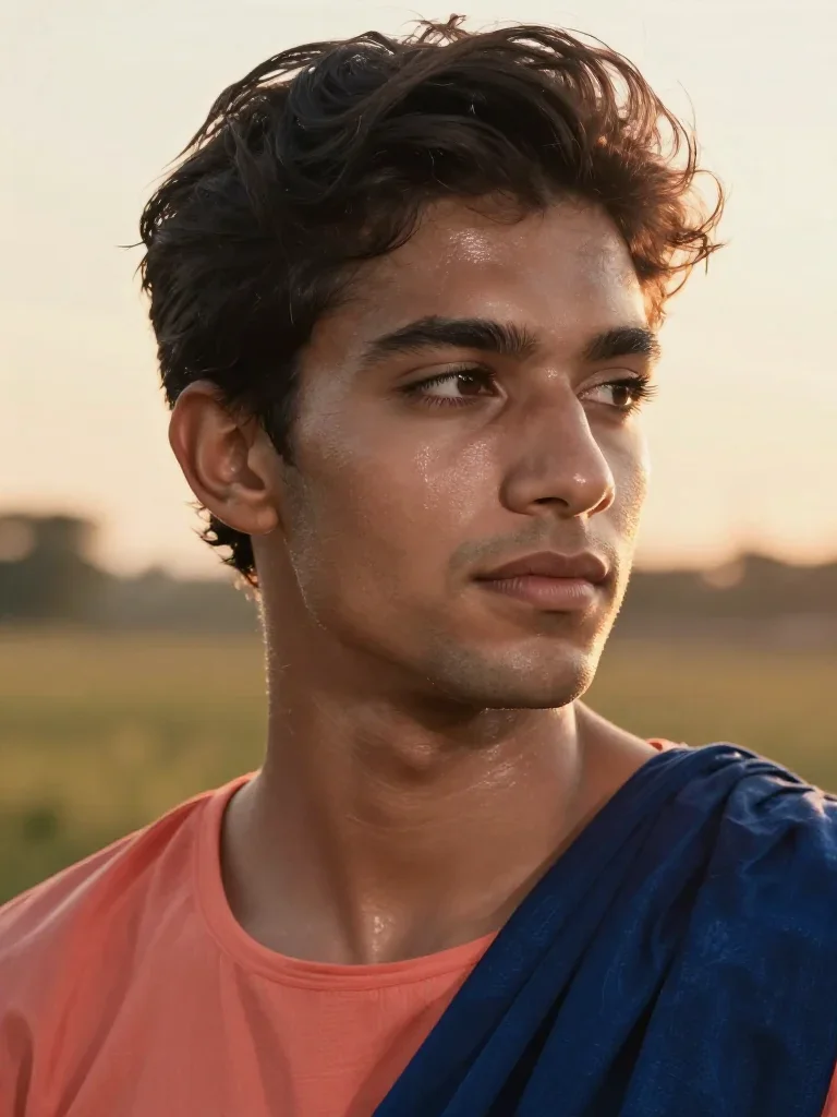 a chiseled athlete in dramatic rim light, oiled skin in a coy glance from under lowered lashes, in a backlit golden-hour