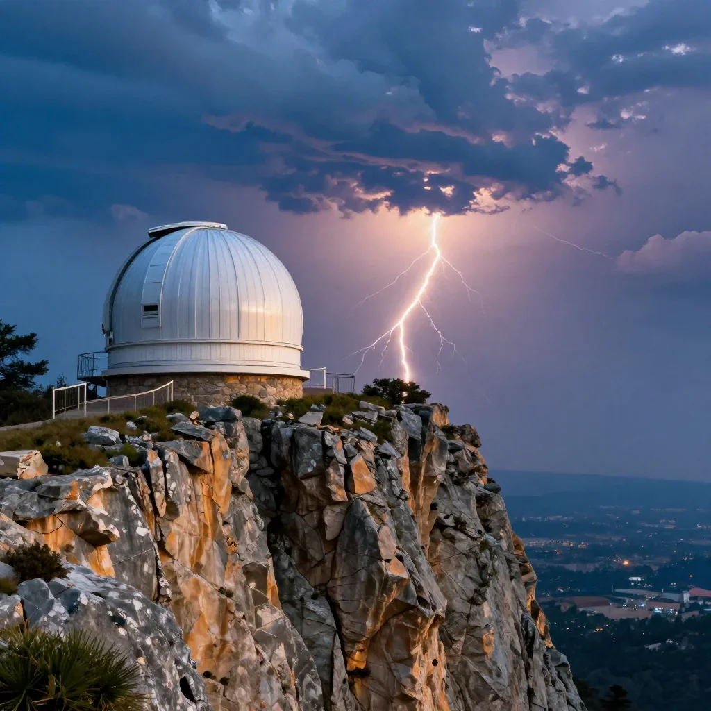 a cliffside observatory after a distant thunderstorm, high-end design magazine photography, clean natural textures, coba