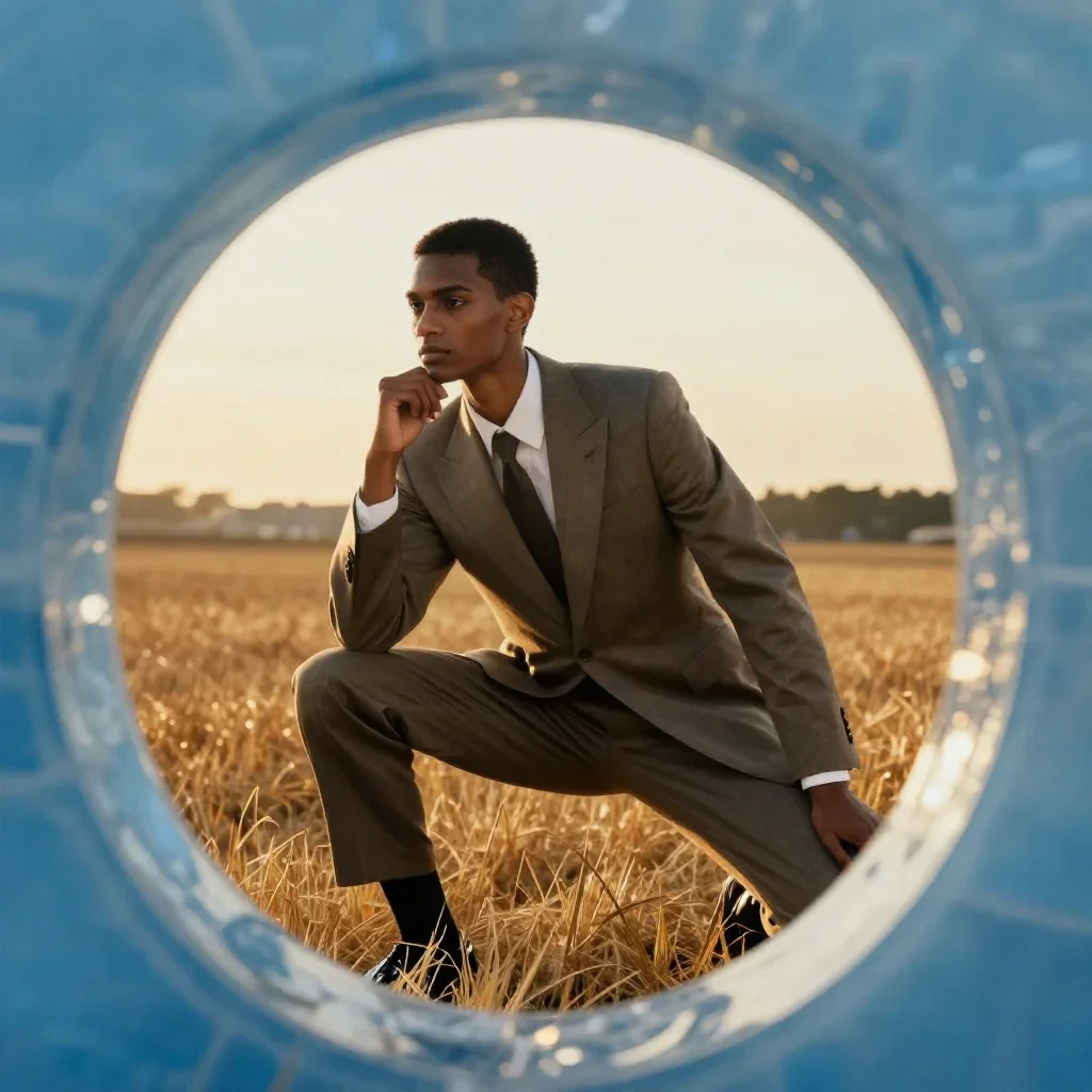 an androgynous model in a sharply tailored suit in a low lunge with a lifted chin, in a backlit golden-hour field, bold 