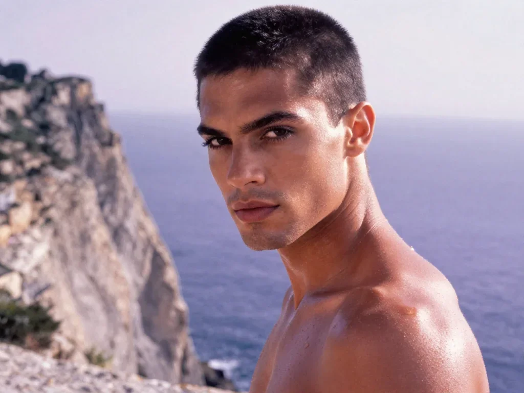a chiseled athlete in dramatic rim light, oiled skin in a coy glance from under lowered lashes, on a sun-drenched cliffs