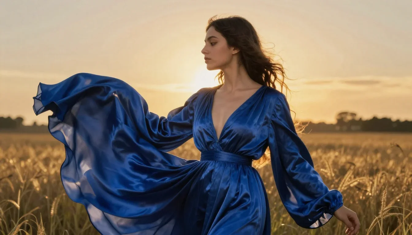 a young woman in a flowing silk gown in a low lunge with a lifted chin, in a backlit golden-hour field, Renaissance chia