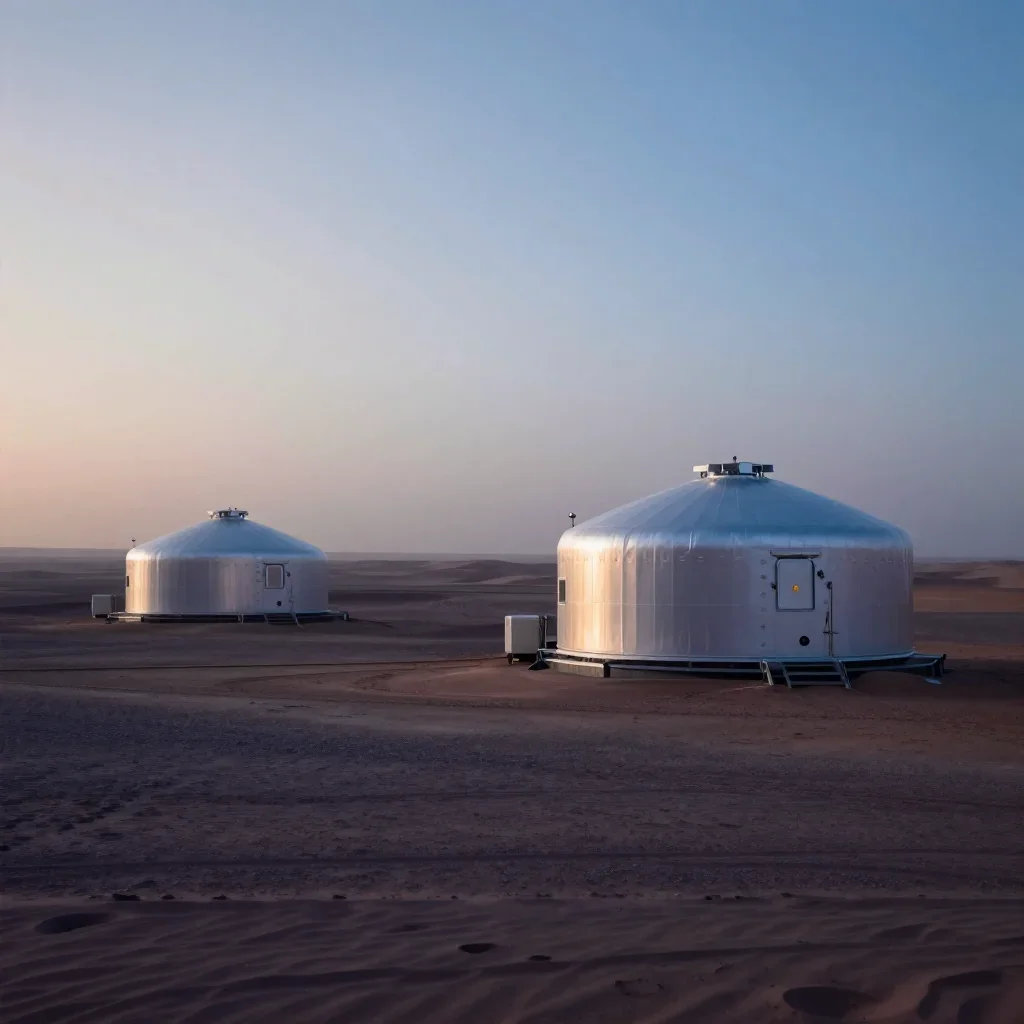 a desert research station in quiet late-afternoon haze, refined editorial travel photography, atmospheric depth, indigo