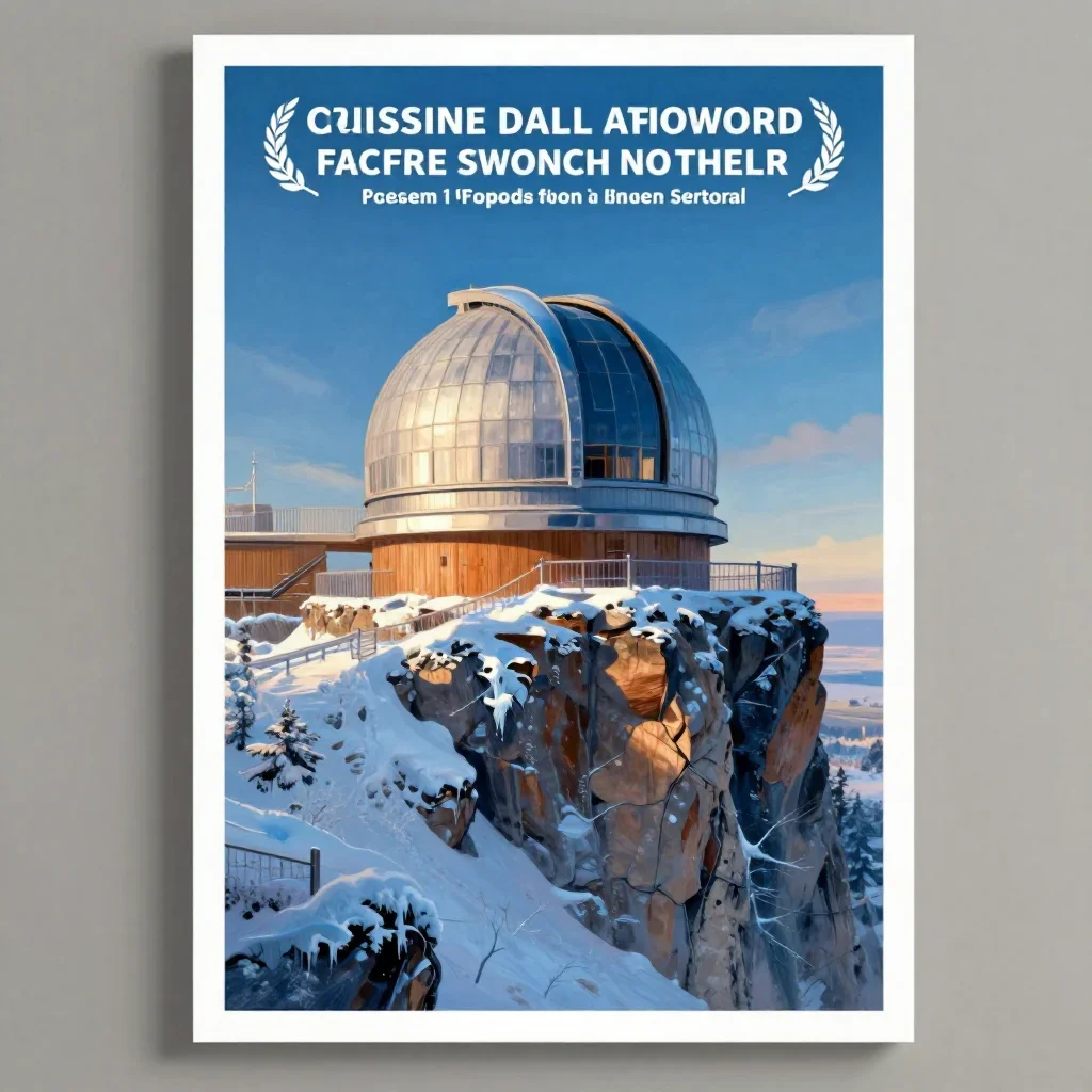 a cliffside observatory in crisp winter sunlight, modernist poster illustration, atmospheric depth, ice blue and warm ce