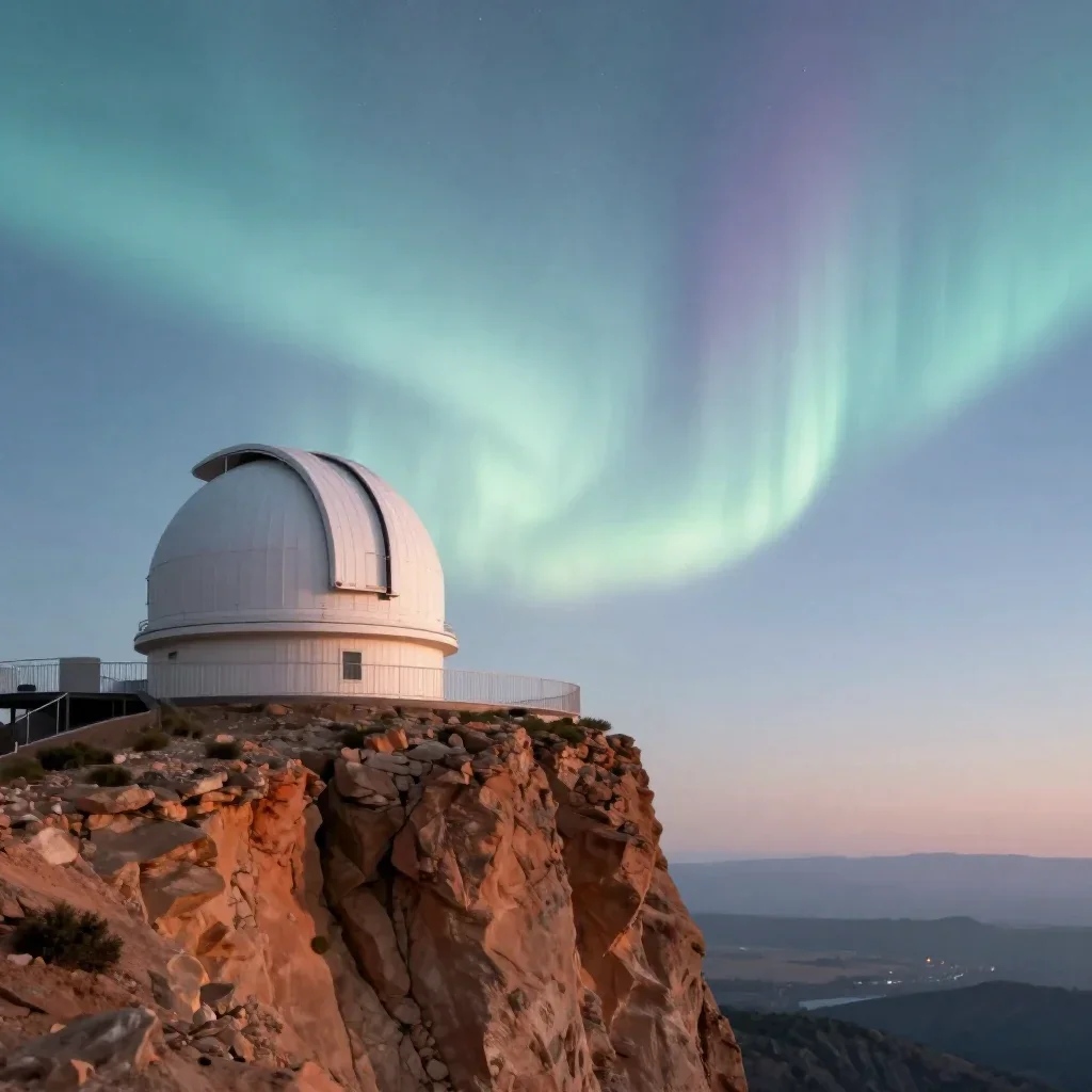 a cliffside observatory beneath an aurora, high-end design magazine photography, soft volumetric light, terracotta and p