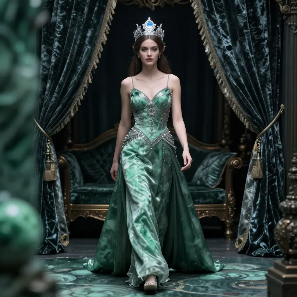 an elven queen in a moonlit silver crown in a confident cinematic stride, in a velvet-curtained boudoir, National Geogra