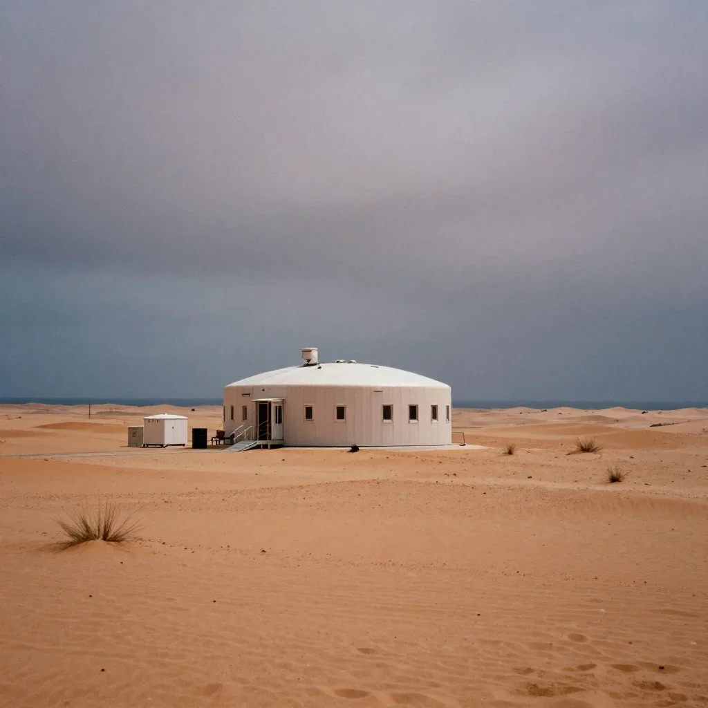 a desert research station under overcast coastal light, quiet science-fiction concept art, subtle film grain, ochre and 