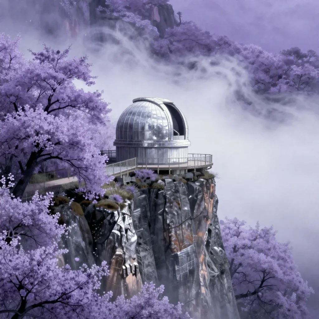 a cliffside observatory in early spring mist, Japanese woodblock-inspired editorial art, atmospheric depth, lavender and