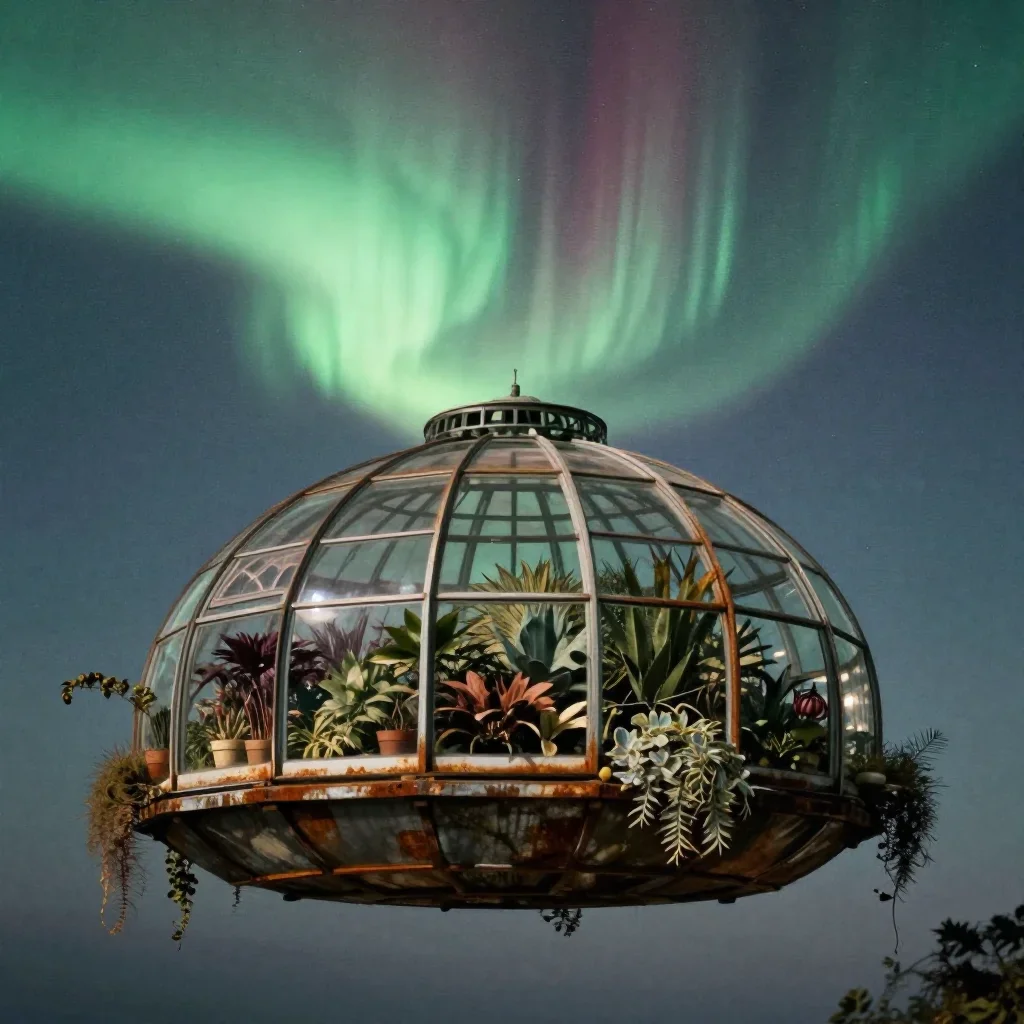 a floating botanical conservatory beneath an aurora, refined editorial travel photography, subtle film grain, rust and s