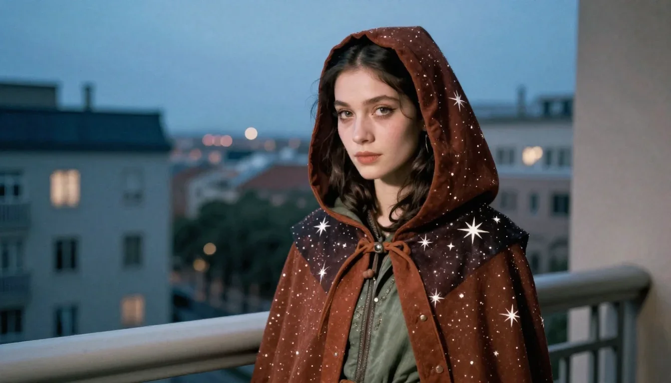 a sorceress in a star-lit midnight cloak in a coy glance from under lowered lashes, in a blue-hour city apartment, soft-