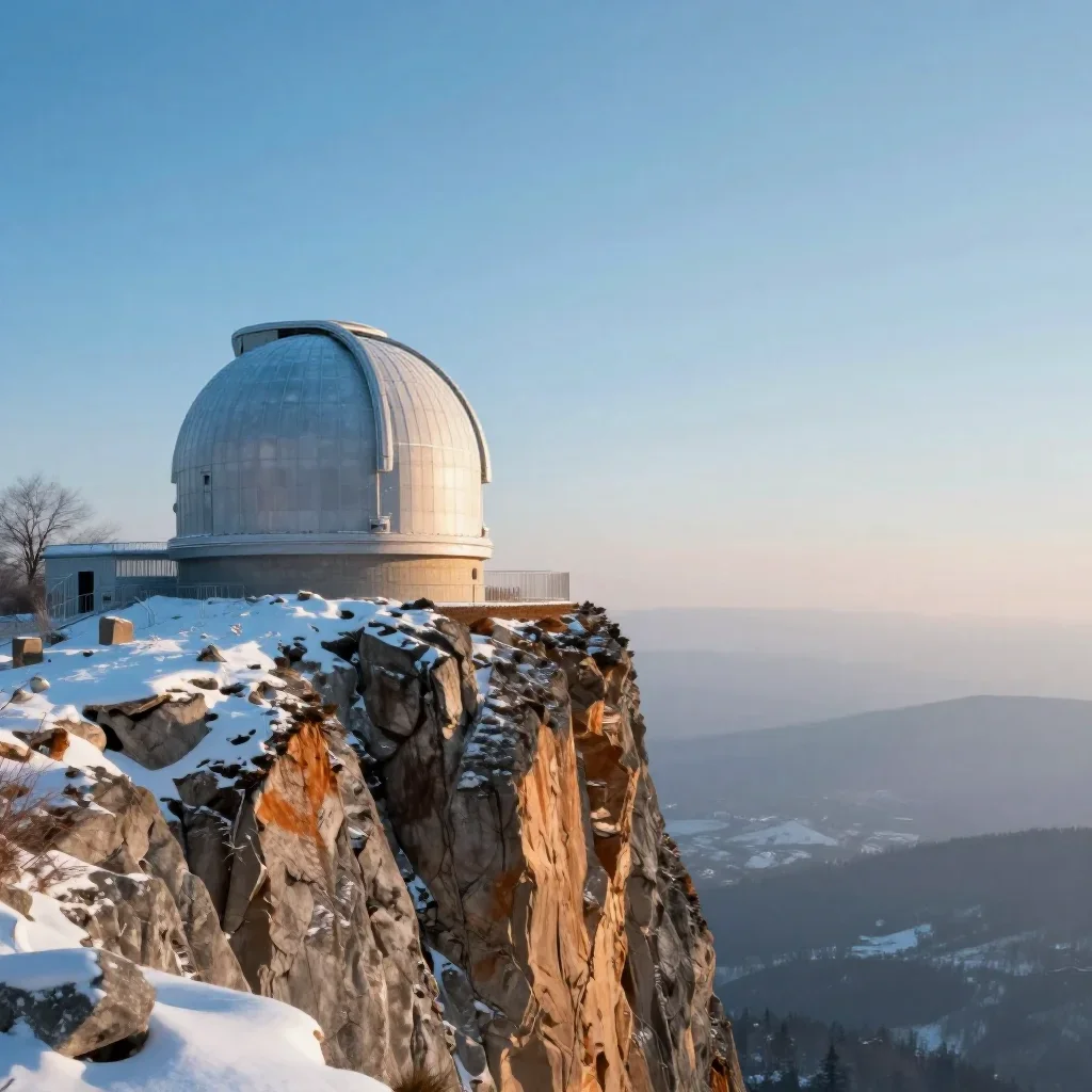 a cliffside observatory in crisp winter sunlight, quiet science-fiction concept art, calm negative space, ice blue and w
