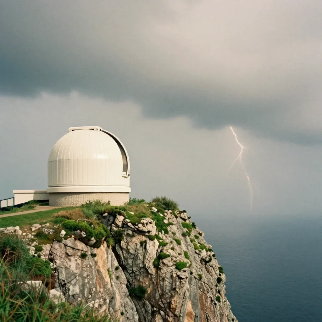a cliffside observatory after a distant thunderstorm, soft-grain analog film photography, calm negative space, moss gree