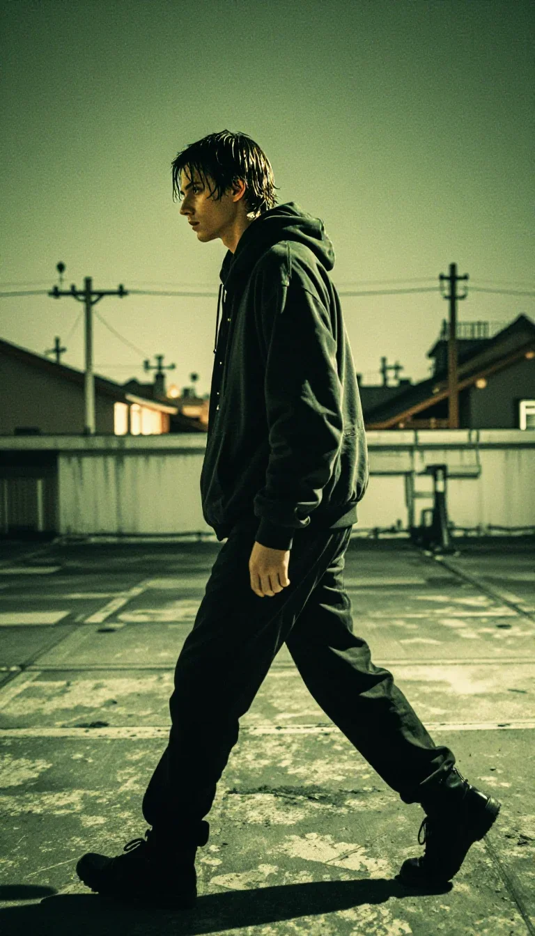 a streetwear influencer with wet-look hair in a confident cinematic stride, on a neon-lit rooftop at midnight, National