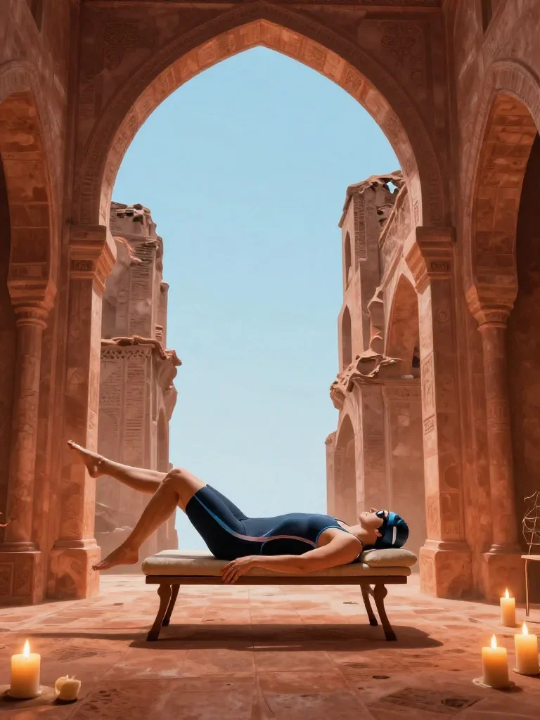a swimmer before the plunge in a racing suit reclining elegantly on a chaise, in a candle-lit cathedral ruin, dreamlike 