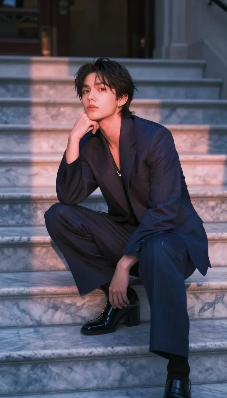 an androgynous model in a sharply tailored suit in a low lunge with a lifted chin, on a marble staircase at dawn, moody 