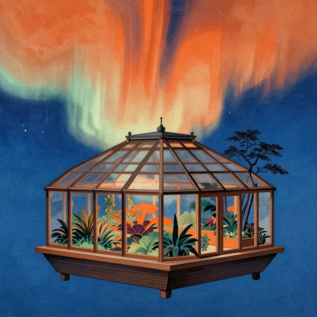 a floating botanical conservatory beneath an aurora, Japanese woodblock-inspired editorial art, crisp material detail, o