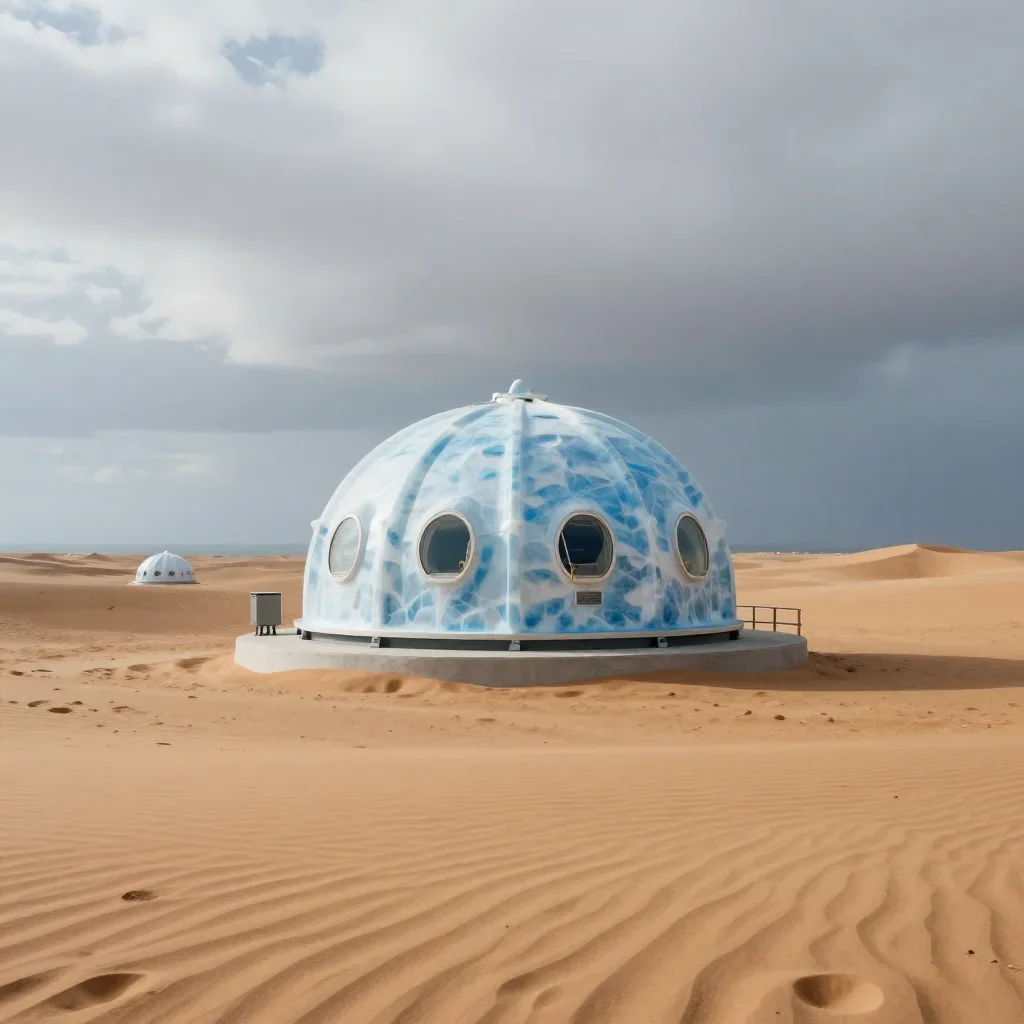 a desert research station under overcast coastal light, high-end design magazine photography, soft volumetric light, ice