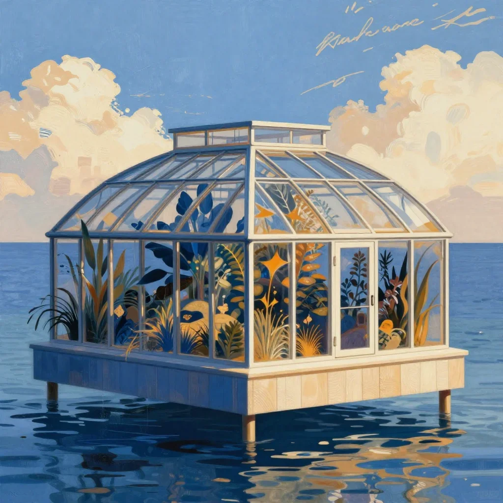 a floating botanical conservatory in a gentle sea breeze, contemporary botanical illustration, clean natural textures, c