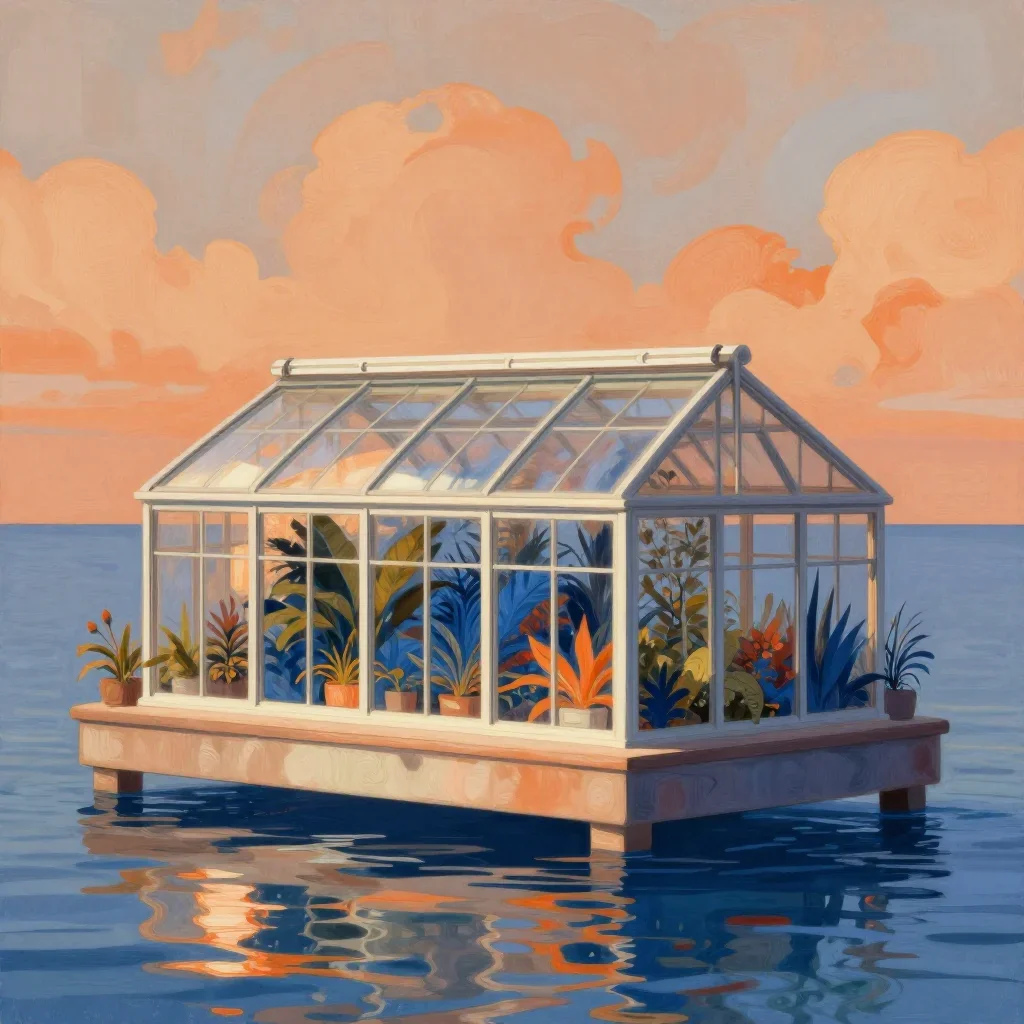 a floating botanical conservatory in a gentle sea breeze, contemporary botanical illustration, gentle reflected light, o
