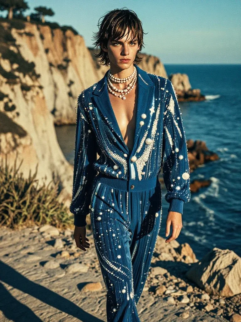 a streetwear influencer with wet-look hair in a confident cinematic stride, on a sun-drenched cliffside, high-fashion ru