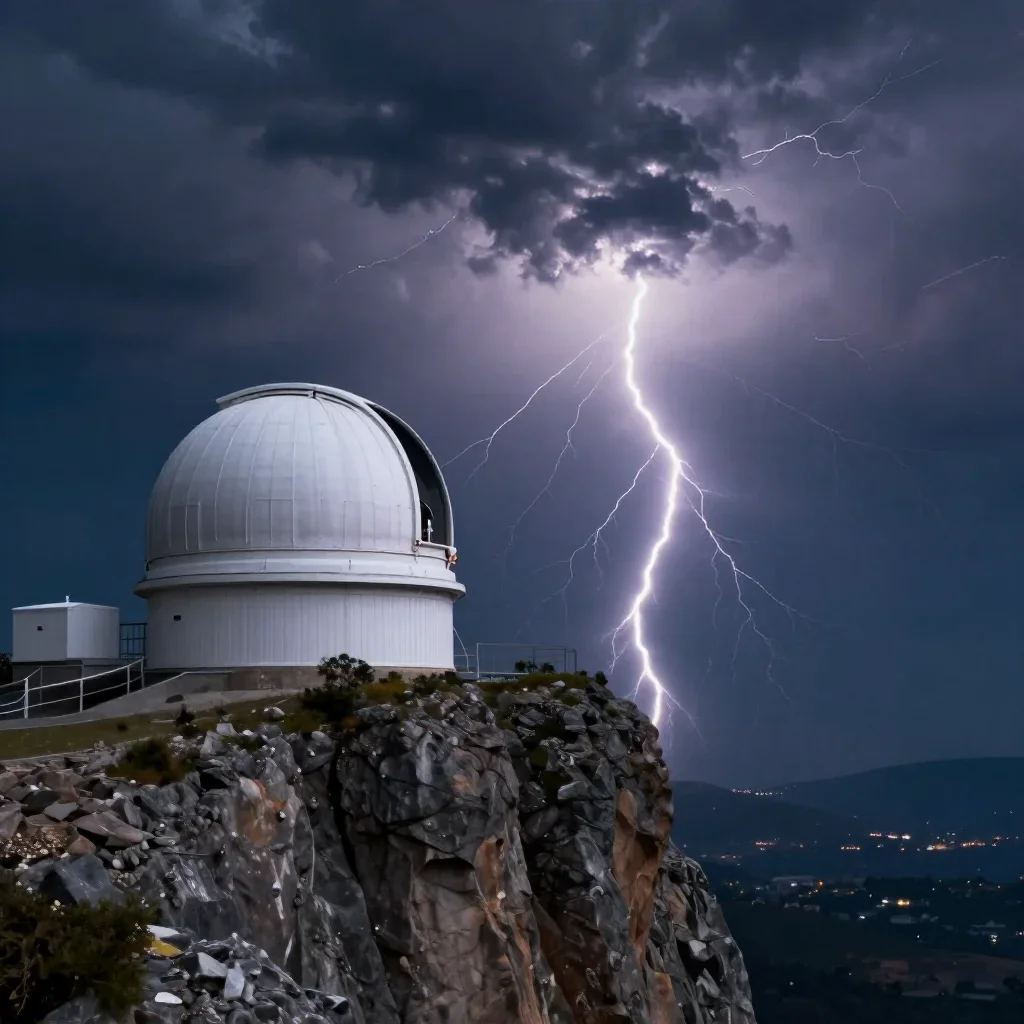 a cliffside observatory after a distant thunderstorm, quiet science-fiction concept art, atmospheric depth, indigo and p